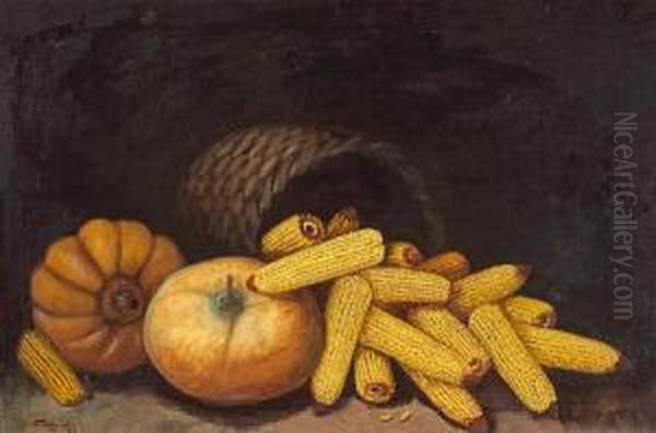 Fall's Harvest (a Still Life With Corn Andpumpkins) Oil Painting by Alfred Montgomery