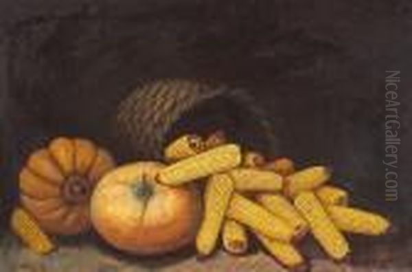 Fall's Harvest (a Still Life With Corn And Pumpkins) Oil Painting by Alfred Montgomery