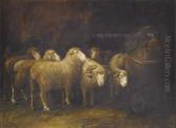 Sheep In A Stable Oil Painting by Alfred Montgomery