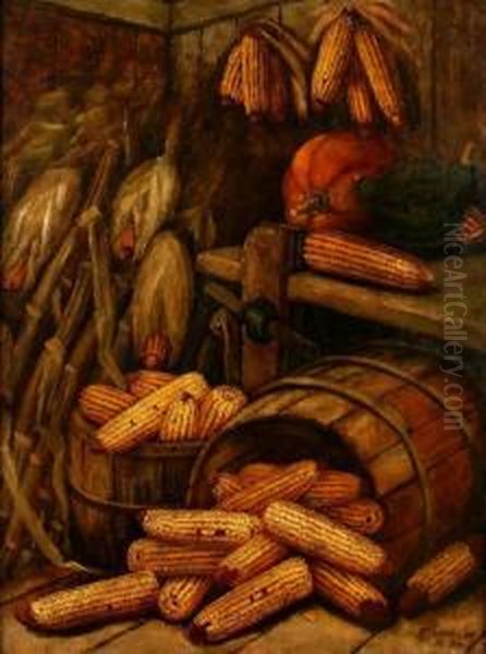 Still Life With Corn And Pumpkins Oil Painting by Alfred Montgomery