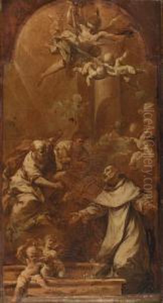 Saints Peter And Paul Appearing 
To Saint Dominic, A Modello, Engrisaille, Painted Arched Top Oil Painting by Francesco Monti