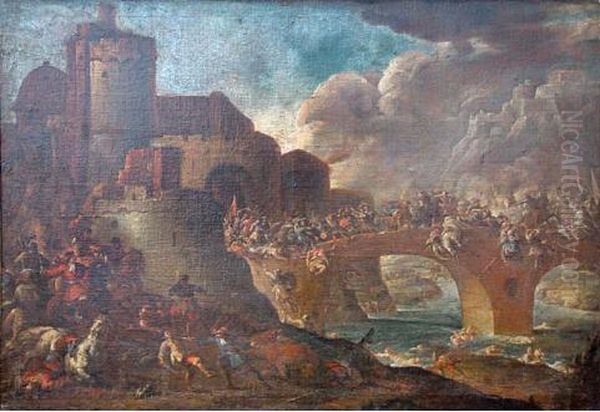 Scene De Bataille Sur Un Pont. Oil Painting by Francesco Monti