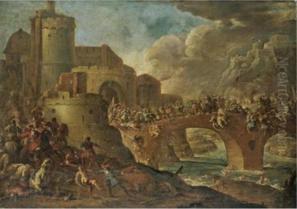 An Extensive Battle Scene With Soldiers Fighting On A Bridge Before A Fortified Town Oil Painting by Francesco Monti