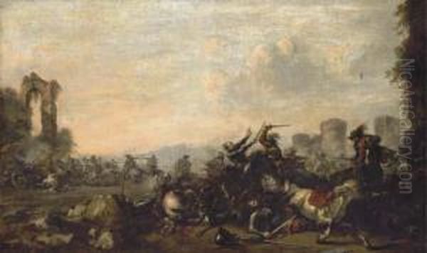 A Cavalry Skirmish Oil Painting by Francesco Monti