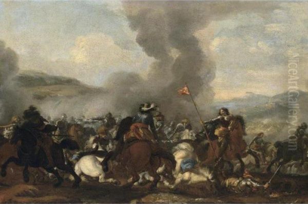 A Cavalry Battle Scene In A Hilly Landscape Oil Painting by Francesco Monti