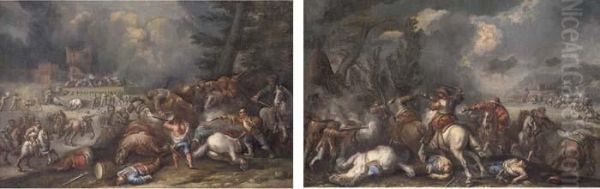 A Cavalry Battle Before A 
Fortified Castle; And A Cavalry Skirmishwith A Fortified Castle Beyond Oil Painting by Francesco Monti