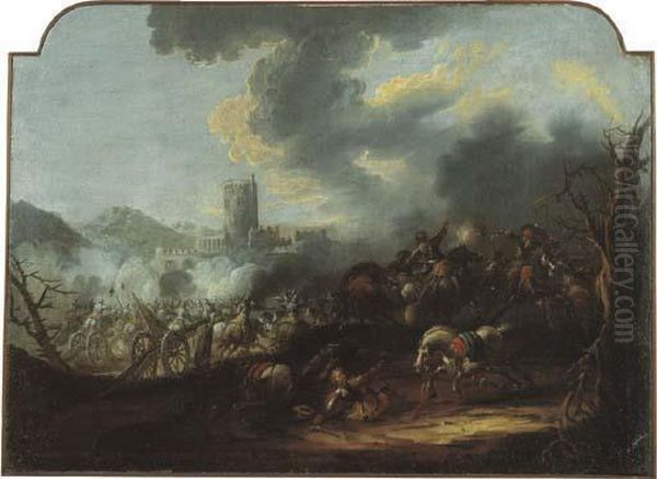 Scontro Di Cavalleria Con Borgo Turrito In Lontananza Oil Painting by Francesco Monti