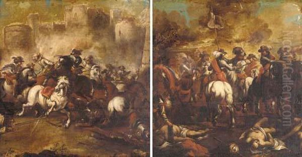 A Cavalry Engagement; And Commanders On A Battlefield Oil Painting by Francesco Monti