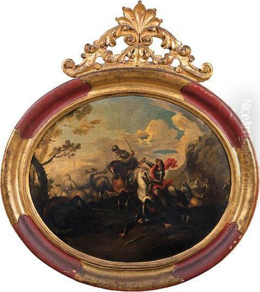 Sosta Di Cavalieri Turchi Presso
 Un Borgo Turrito, Con Unaccampamento Militare In Lontananza Oil Painting by Francesco Monti