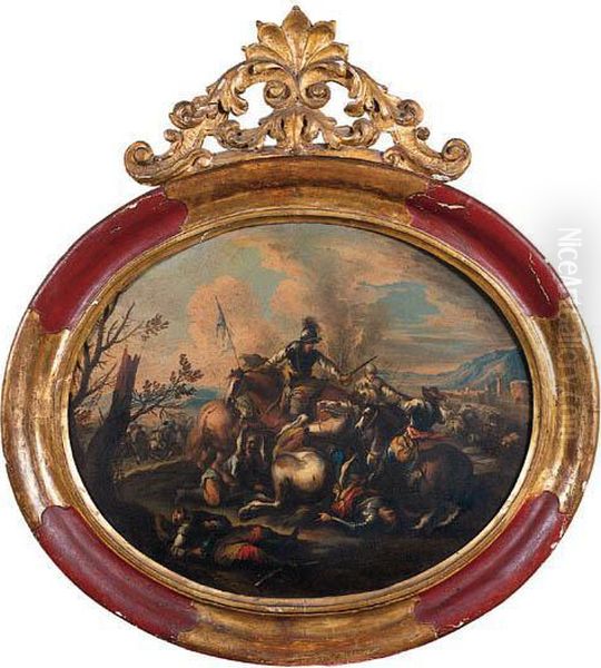 Scontro Tra Cavalieri Turchi E Cristiani Con Un Monte Inlontananza Oil Painting by Francesco Monti