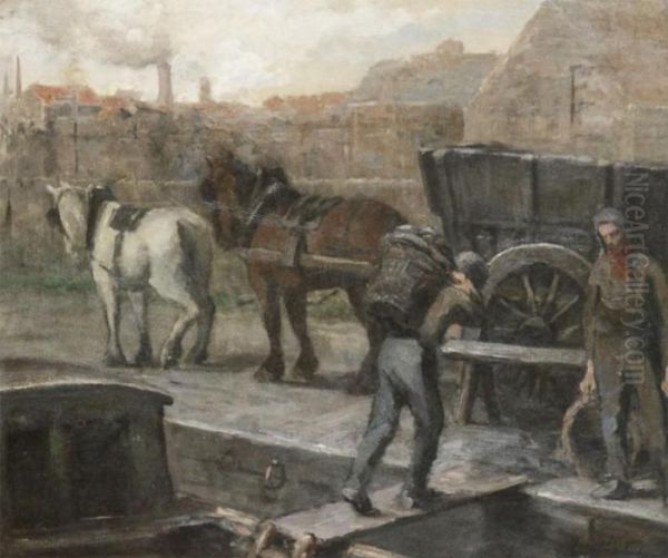 Man With Horsecart Alongside The Quay Oil Painting by Jules Montigny