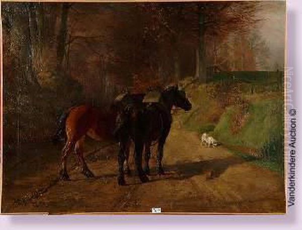 Chevaux Et Chien Sur Un Chemin De Campagne Oil Painting by Jules Montigny