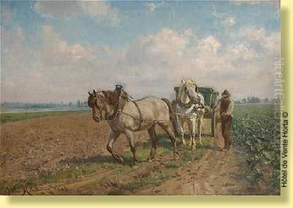 Chariot Attele En Bordure De Champs Oil Painting by Jules Montigny