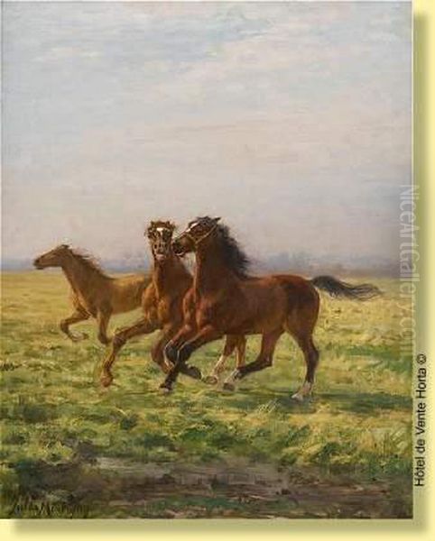 Chevaux Au Galop Oil Painting by Jules Montigny