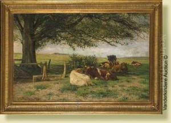 Vaches Couchees Au Pre Oil Painting by Jules Montigny