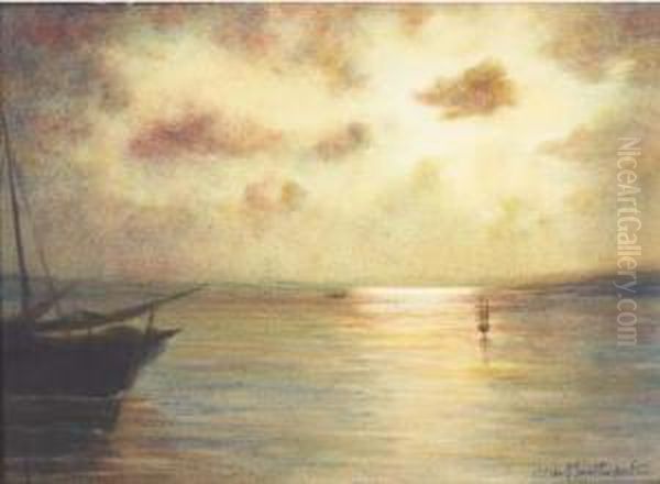 Vue D'un Coucher De Soleil Sur La Mer, Un Bateau Au Premierplan Oil Painting by Charles Montlevault