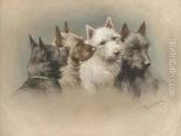 Four Terriers Oil Painting by Fannie Moody