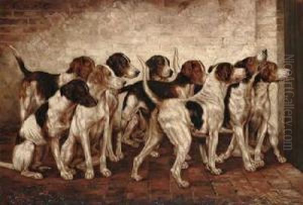 Hounds In A Kennel Oil Painting by Fannie Moody