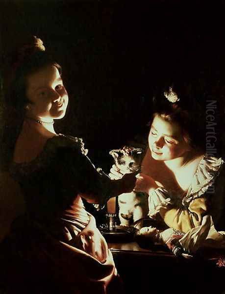 Two Girls decorating a kitten Oil Painting by Josepf Wright Of Derby