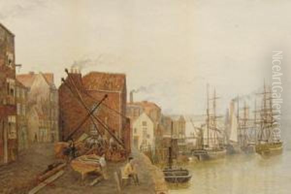 Figures Beside A Dock Oil Painting by Joseph Moore