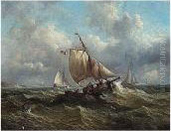 French Shipping In A Swell Oil Painting by Joseph Moore