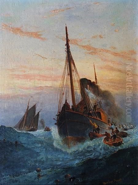 Taking Crew Off A Stricken Steamer Oil Painting by Barlow Moore