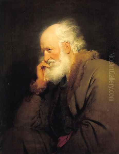 An old man, half-length, in a brown fur-lined coat Oil Painting by Josepf Wright Of Derby