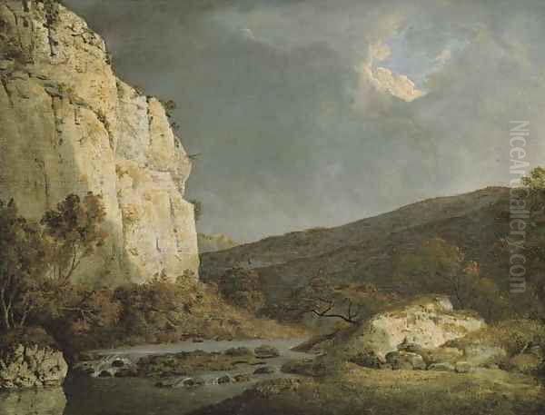 View of Chee Tor, near Matlock, Derbyshire Oil Painting by Josepf Wright Of Derby