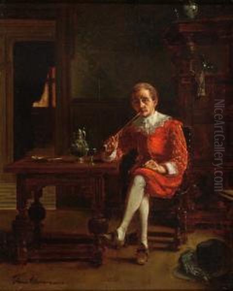 17th Century Interior With A Gentleman Smoking A Pipe Oil Painting by Franz Moormans