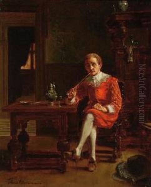 A 17th Century Interior With A Pipe Smoking Gentleman Oil Painting by Franz Moormans