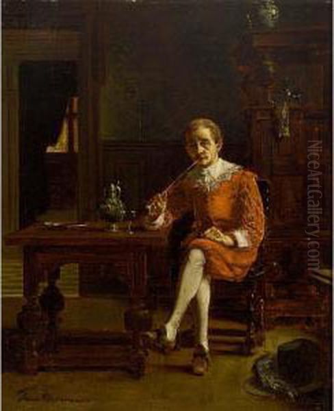 An Elegant Man Drinking And Smoking In An Interior Oil Painting by Franz Moormans