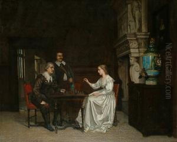 A Game Of Chess In A Luxurious Interior Oil Painting by Franz Moormans