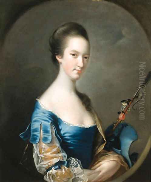 Portrait of a Lady, half-length, in a blue and yellow dress, holding a shepherd's crook decorated with flowers, in a painted oval Oil Painting by Josepf Wright Of Derby