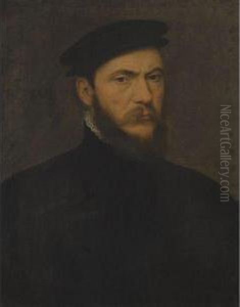 Portrait Of A Bearded Gentleman, Half Length, Wearing A Black Shirtand Black Hat Oil Painting by Giacomo Antonio Moro