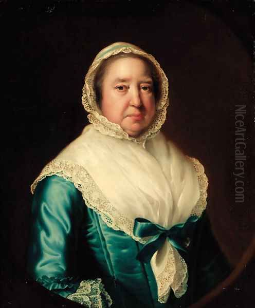 Portrait of Mrs. Fowler, half-length, in a blue dress, with a white shawl and bonnet, feigned oval Oil Painting by Josepf Wright Of Derby