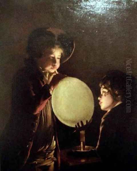 Two Boys by Candlelight Blowing a Bladder Oil Painting by Josepf Wright Of Derby