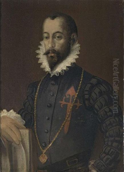 A Portrait Of A Gentleman, Half Length, Wearing A Black Costume With White Collar Oil Painting by Giacomo Antonio Moro