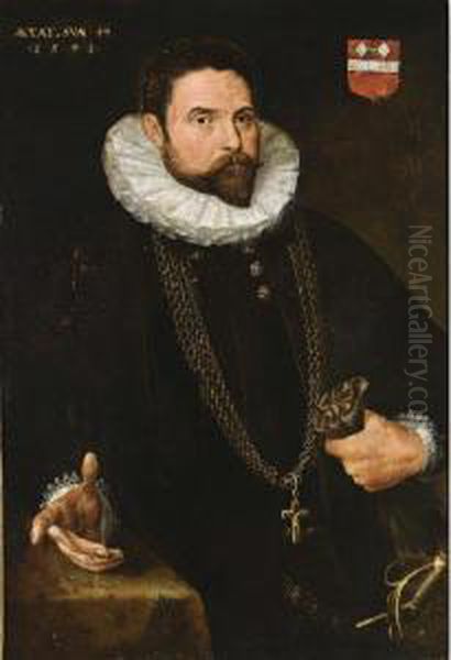 A Portrait Of A Nobleman, At The
 Age Of 44, Standing Half-length, Wearing A Black Suit With White Lace 
Collar, A Golden Chain With Crucifix, A Sword, And Holding Gloves In His
 Left Hand, Standing Next To A Table Oil Painting by Giacomo Antonio Moro