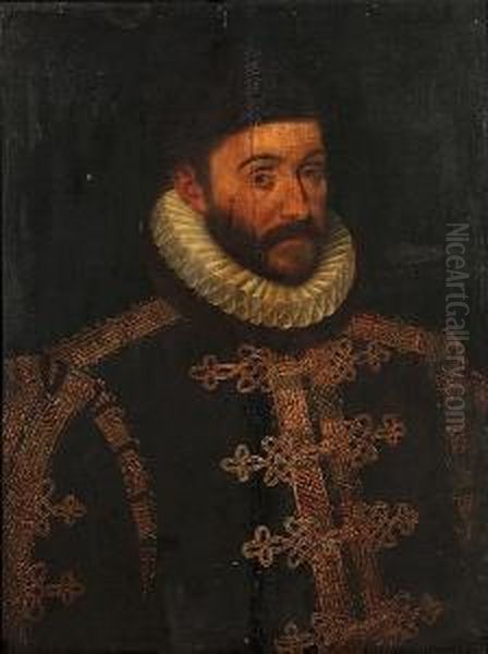 Portrait Of A Gentleman, Bust-length, In A Black Embroidered Coat With A White Ruff Oil Painting by Giacomo Antonio Moro