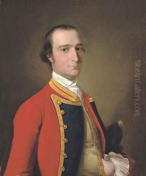 Portrait of a gentleman, traditionally identified as Alexander Baillie of the First Foot, half-length, in military uniform, a hat under his left arm Oil Painting by Josepf Wright Of Derby