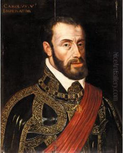 Portrait Of Emperor Charles V, Half Length, Wearing Ceremonial Armour Oil Painting by Giacomo Antonio Moro