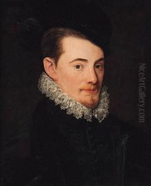 Portrait Of A Gentleman, Bust-length, In A Black Coat And Blackfeathered Hat Oil Painting by Giacomo Antonio Moro