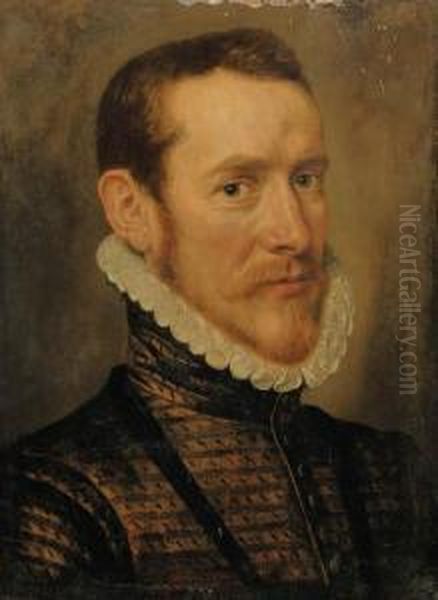 Portrait Of A Gentleman, Bust-length, In A Dark Slashed Doublet Andruff Oil Painting by Giacomo Antonio Moro