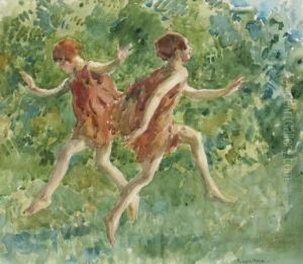 Girls Dancing In A Landscape Oil Painting by Francis Luis Mora