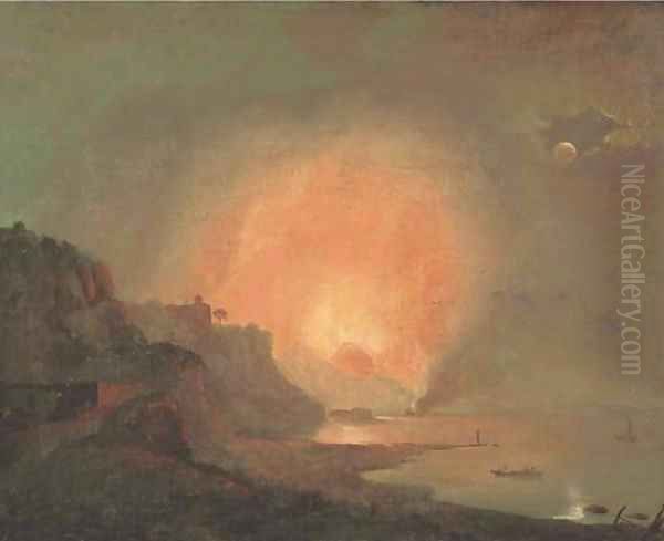 View of Mount Vesuvius erupting by Moonlight from the shore of Posilipo with a fishing boat in the foreground Oil Painting by Josepf Wright Of Derby