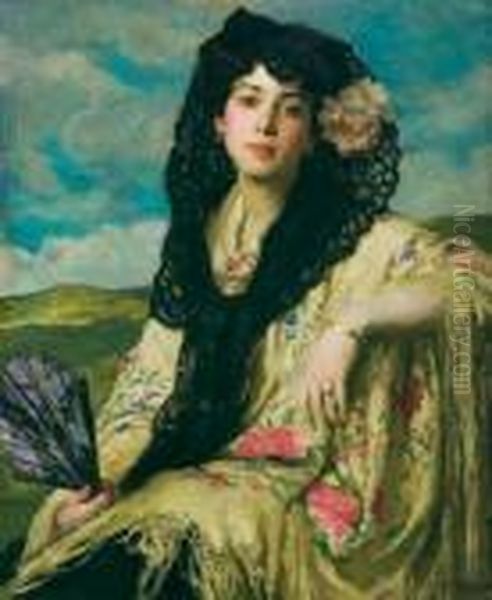 A Beauty With A Black Mantilla Oil Painting by Francis Luis Mora