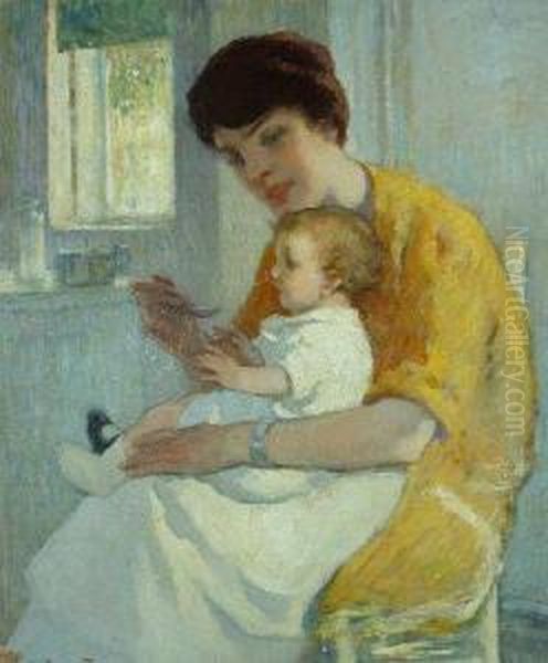 Portrait Of The Artist's Wife And Daughter, Rosemary Oil Painting by Francis Luis Mora