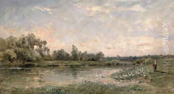 Along the River, 1874 Oil Painting by Charles-Francois Daubigny