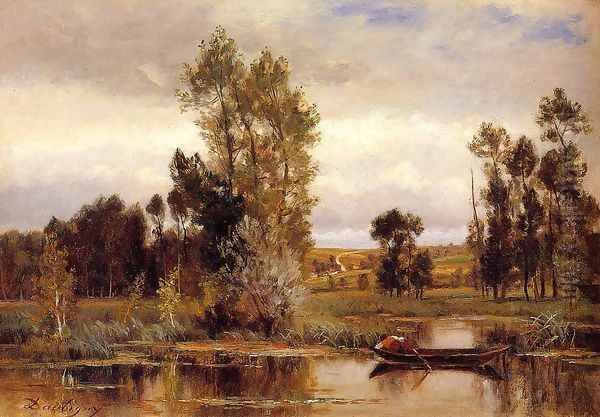 Boat on a Pond Oil Painting by Charles-Francois Daubigny