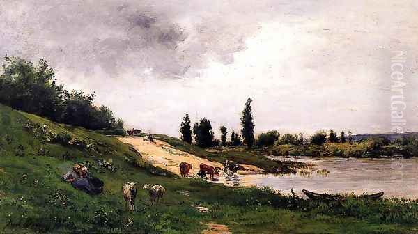 Washerwomen on the Riverbank Oil Painting by Charles-Francois Daubigny